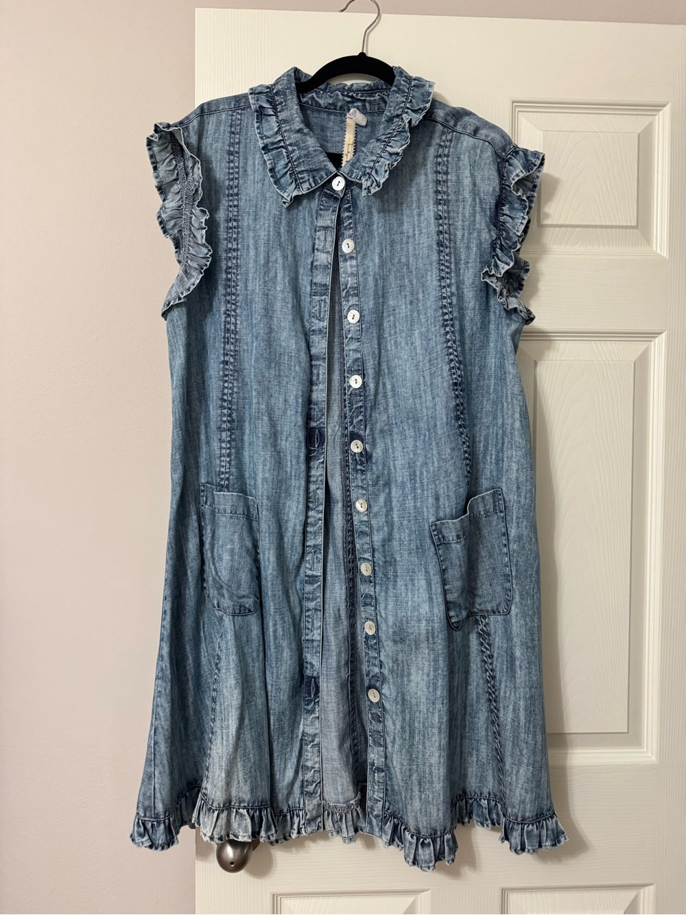 Uncle Frank Light Blue Denim Ruffle Button-Front Dress